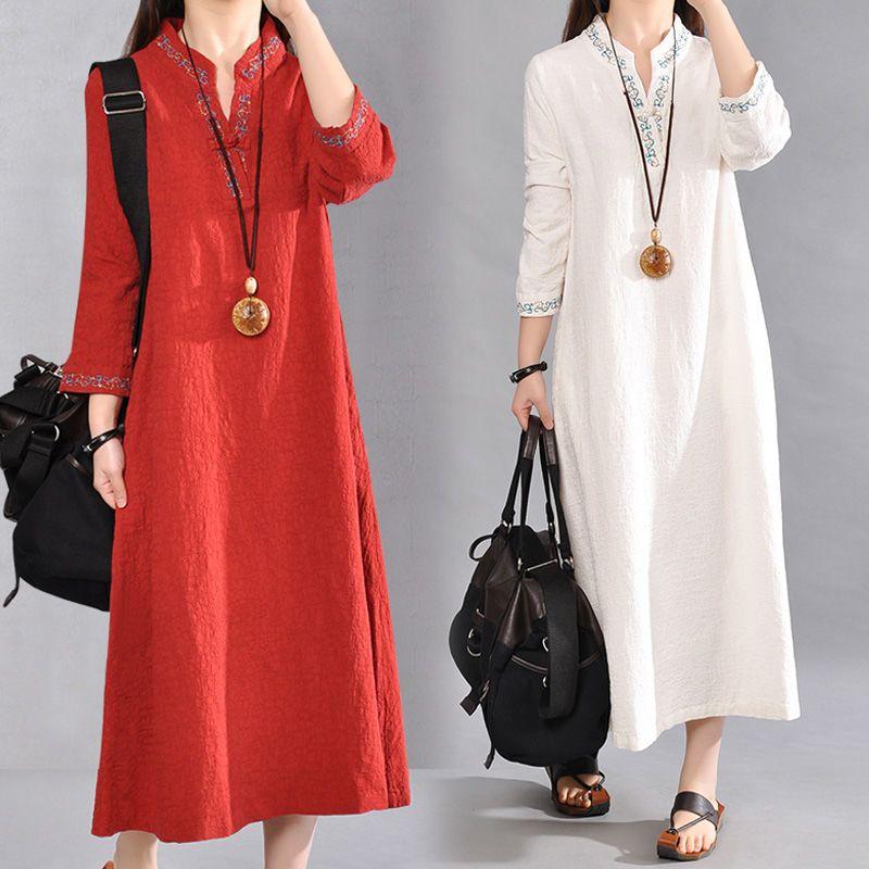 Cotton and Linen Women's Autumn and Winter Pullover V-neck Loose Embroidery Ethnic Style Long Sleeved Linen Medium Length Dress
