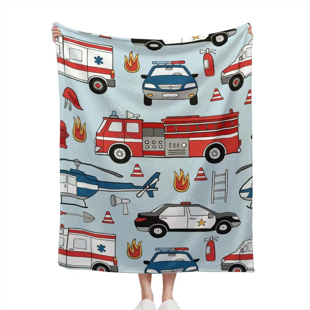 Red Cartoon Fire Truck Car Throw Blanket Fire Fighting Equipment Fire Extinguisher Flannel Blankets for Boys Girls Birthday Gift