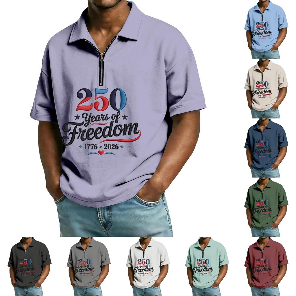 Men's Casual Loose American Independence Day Printed T-shirt Lapel Short Sleeve Daily Tops