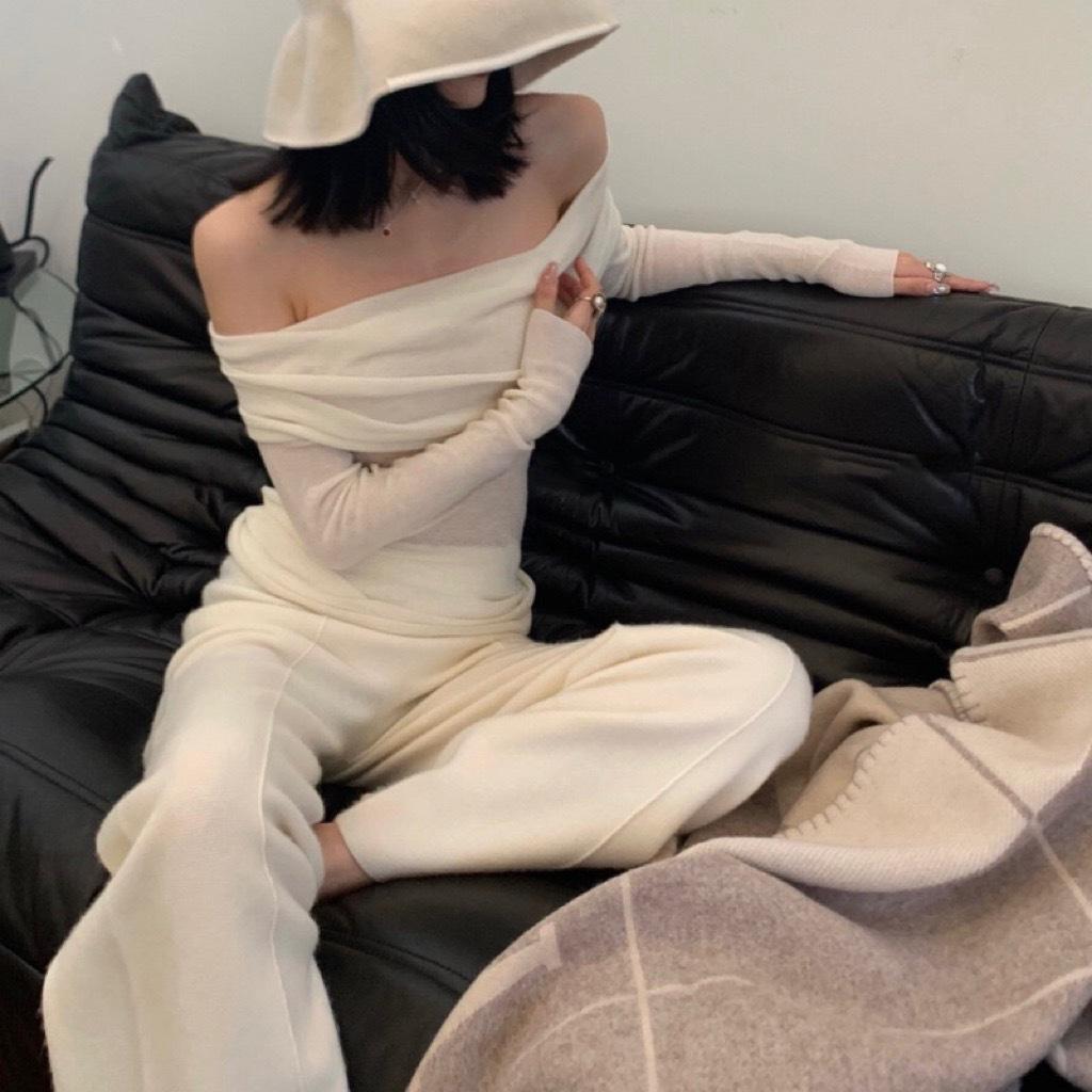 Women's French-Style One-Shoulder Wool Knit Slim Fit Sweater