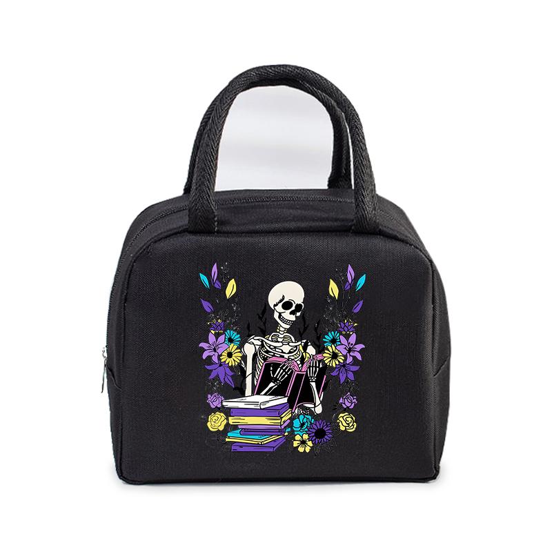 Skull Reading Books Print Lunch Bag Men and Women Vintage Style Graphics Thermal Handbags Thickened Insulation Lunch Box Bag