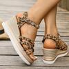 Fashion 2025 Wedge Heel Leopard Print Sandals Women Fashion Crystal Flowers Thick Bottom Sandalias Mujer Cross Band Platform Sandles 43