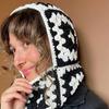Women Knitted Balaclava Cap Handmade Crochet Floral Square Woolen One-Piece Beanies Neck Warm Retro Ins Pullover Hat Ski Bonnet