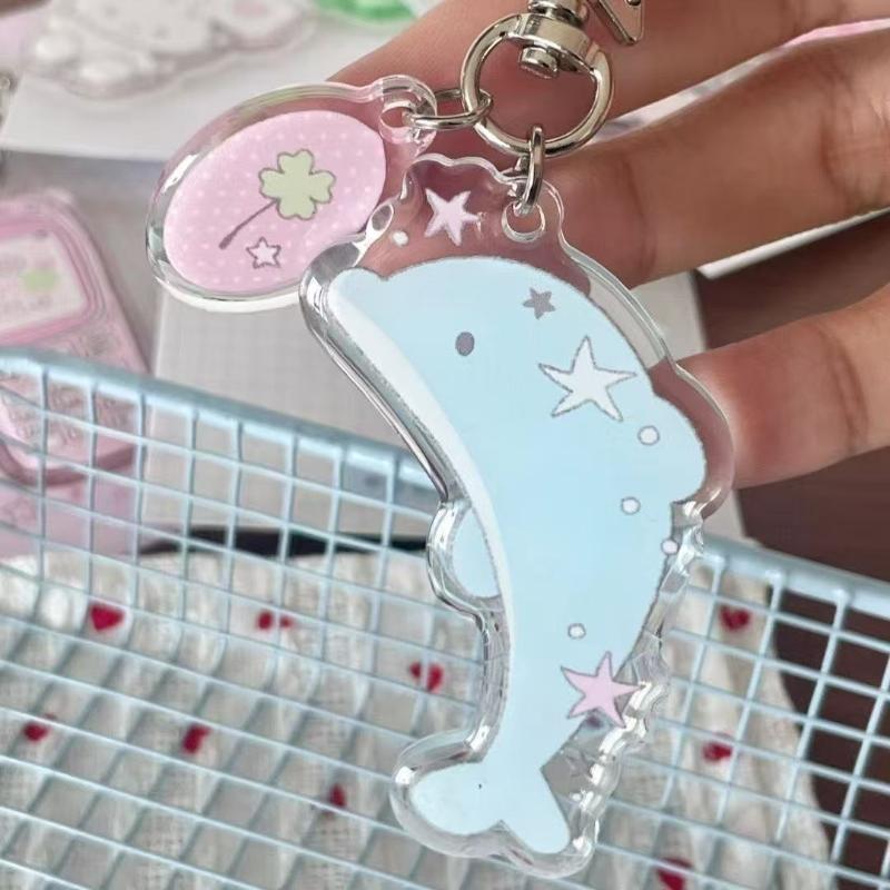 INS Trendy Pixel Cartoon Acrylic Keychain 4 Styles Retro Flip Phone Dolphin Rabbit Pendant for Teen Backpack Decor