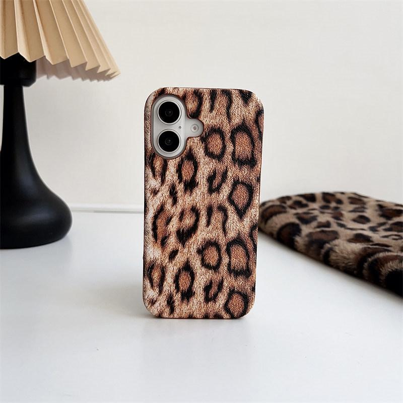 Sexigt läder leopardtryck halvskal för iPhone 16 Pro Max 15 14 Plus 13 12 Pro 11 fallskyddsskydd