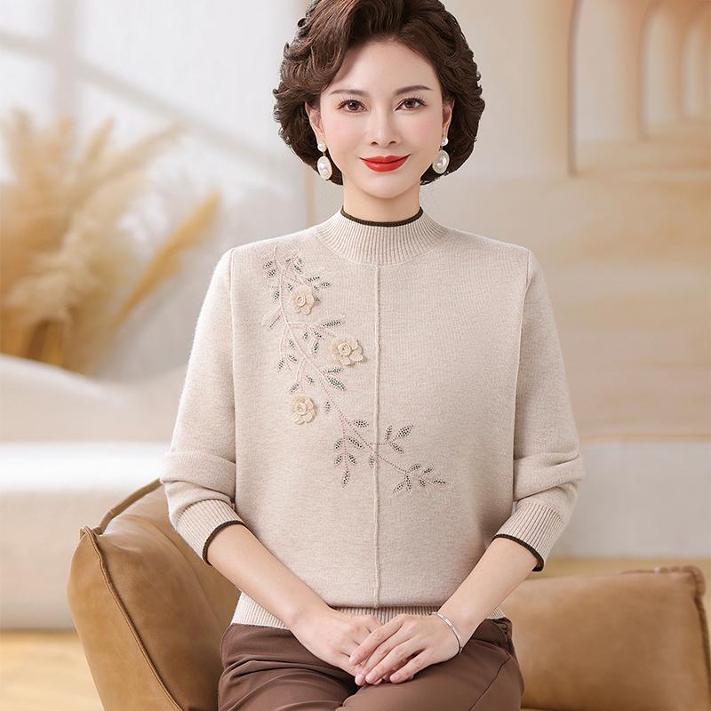 Winter Velvet Sweater: Versatile Long Sleeve Knitwear for Middle-Aged & Elderly Women