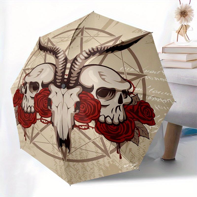 "Skull & Roses Pentagram Sticker, Gothic Tattoo Design Decal" Umbrella, Cute Umbrella with Cute Design, Portable 3-Fold Compact Umbrella for Men & Wom