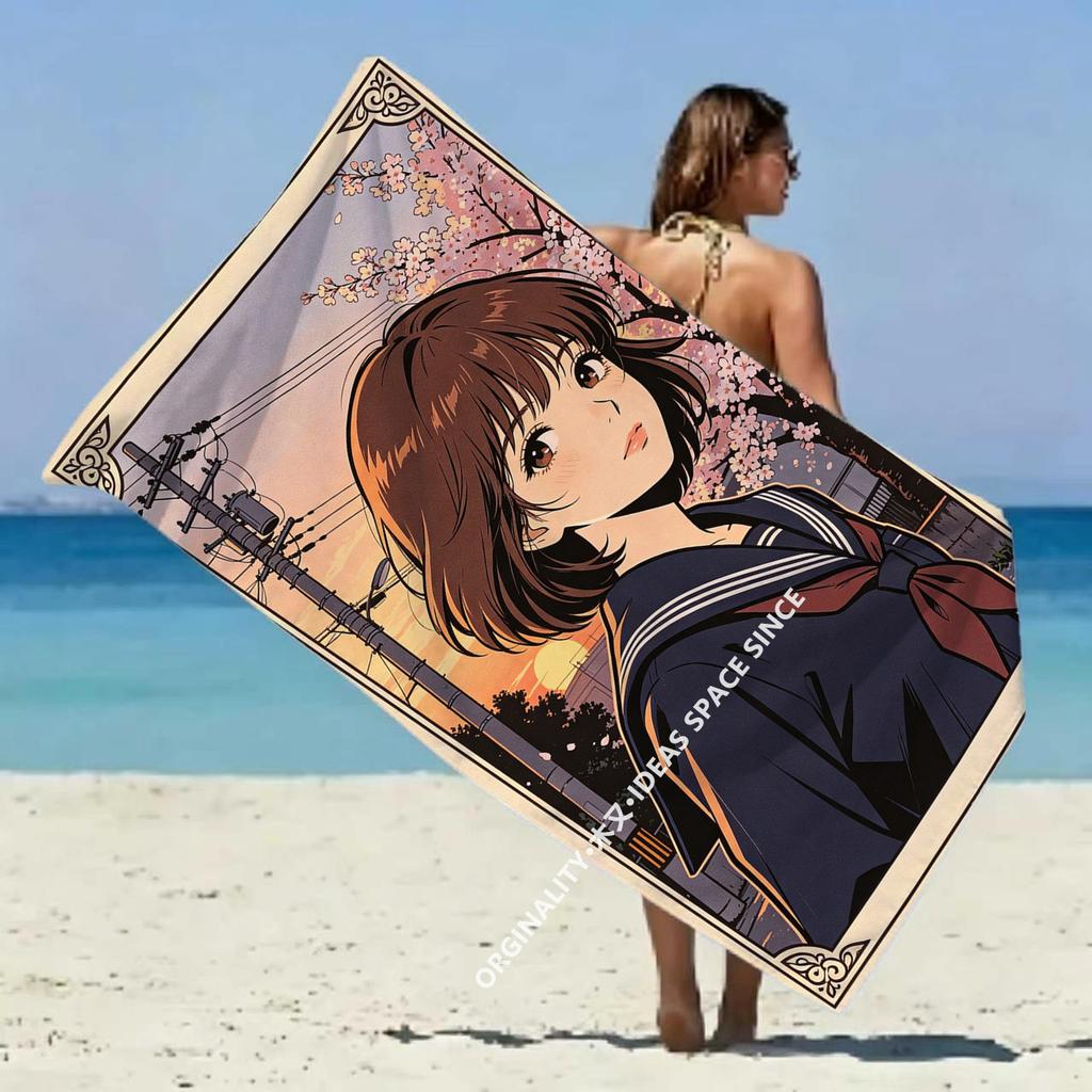 Sakura Anime Girl Beach Towel Patterned Sunscreen And Windproof Suitable For Swimming Pool Camping Travel Blanket