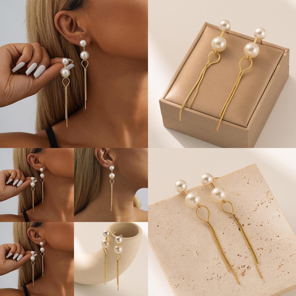 Stylish Long Faux Pearl Earrings For Women Trendy Geometric Chain Dangles