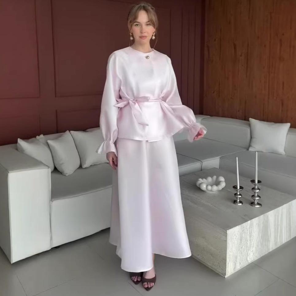 Cross-border European and American women's clothing Amazon sexy round neck satin lace-up long-sleeved French sweet straight skirt