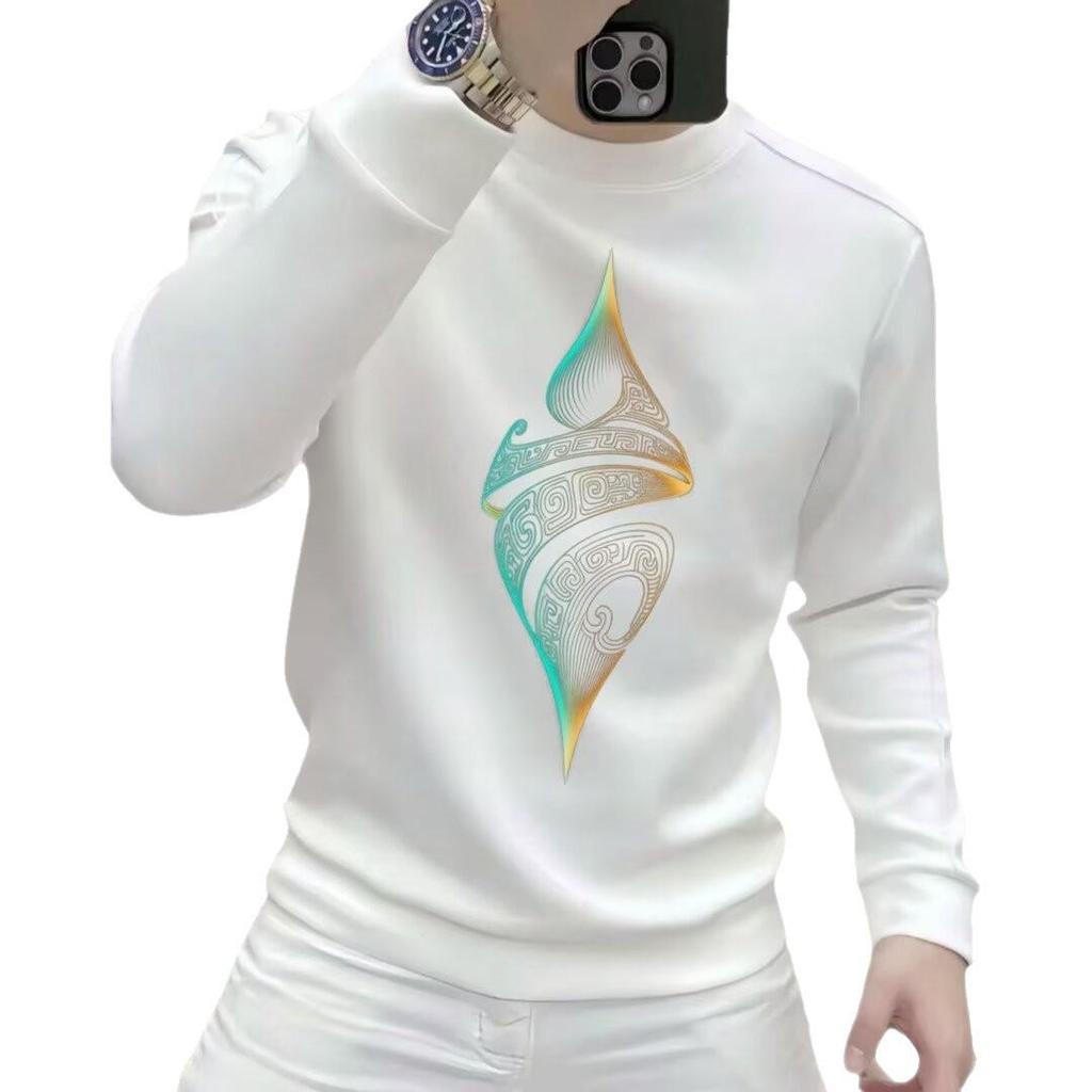 European Trendy Men's Slim-Fit Printed Hoodie: New Autumn/Winter Versatile Round Neck Top.
