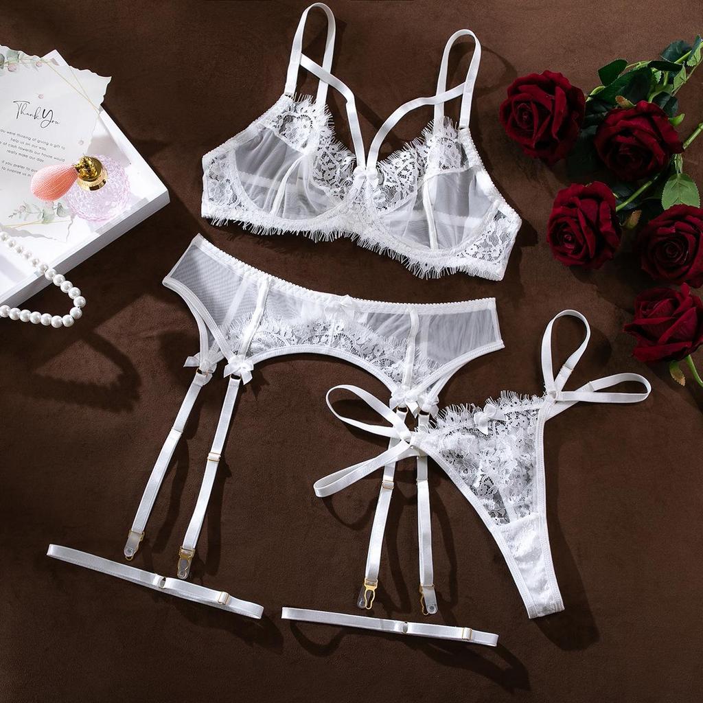 Hot-Selling Mesh Lace Patchwork Lingerie Set: Sexy See-Through Push-Up Four-Piece for Women