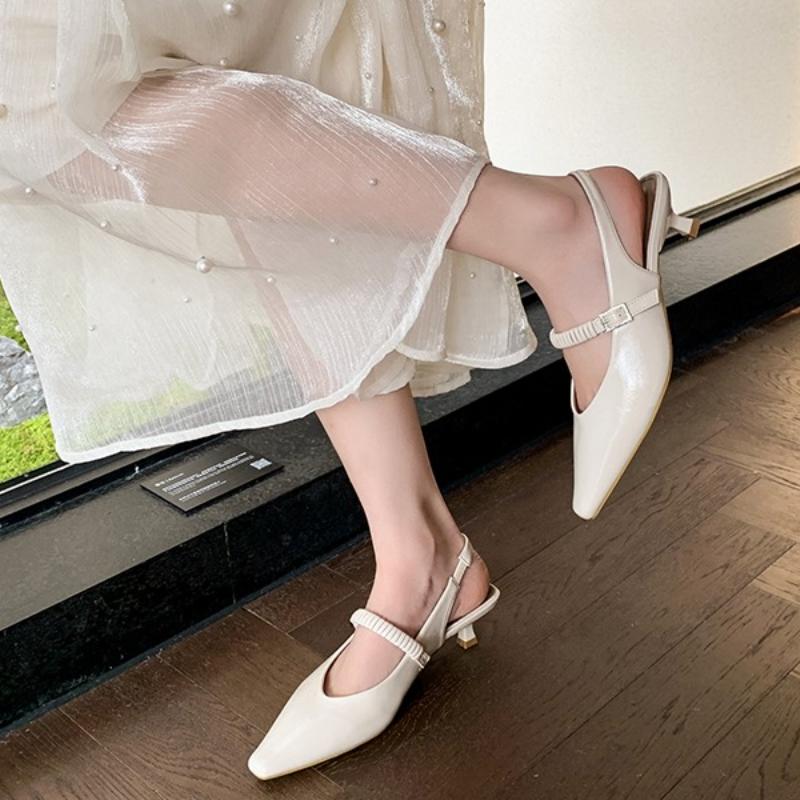 2025 Summer Sexy Pointed Toe Women's High Heels Trendy Sling-Heel PU Sandals Fashionable Pleated Shallow Mouth Office Slippers
