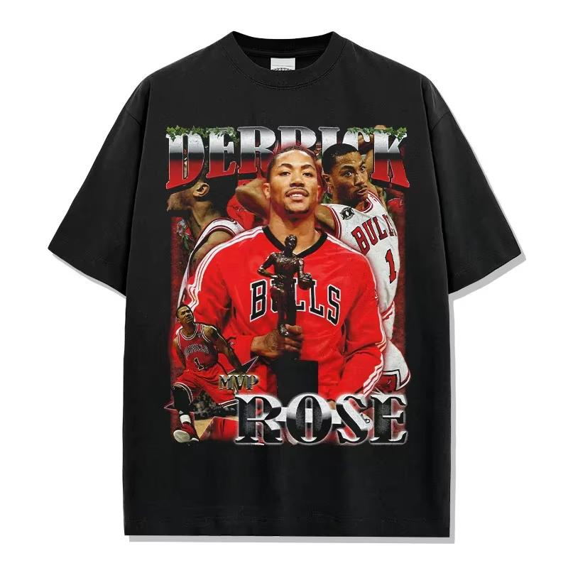 Derrick Rose MVP Tribute Graphic Loose Crew Neck Vintage Washed Cotton Apparel for Basketball Casual Outdoor Wear Fashion T-shirt
