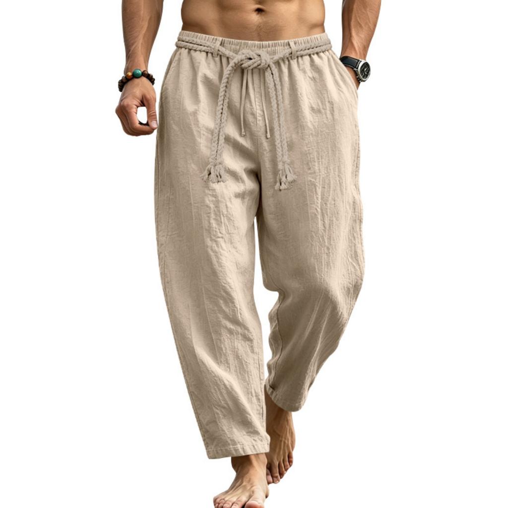 Men's Linen Drawstring Pants Lightweight Breathable Straight Leg Trousers Casual Summer Vacation Commuting Pants