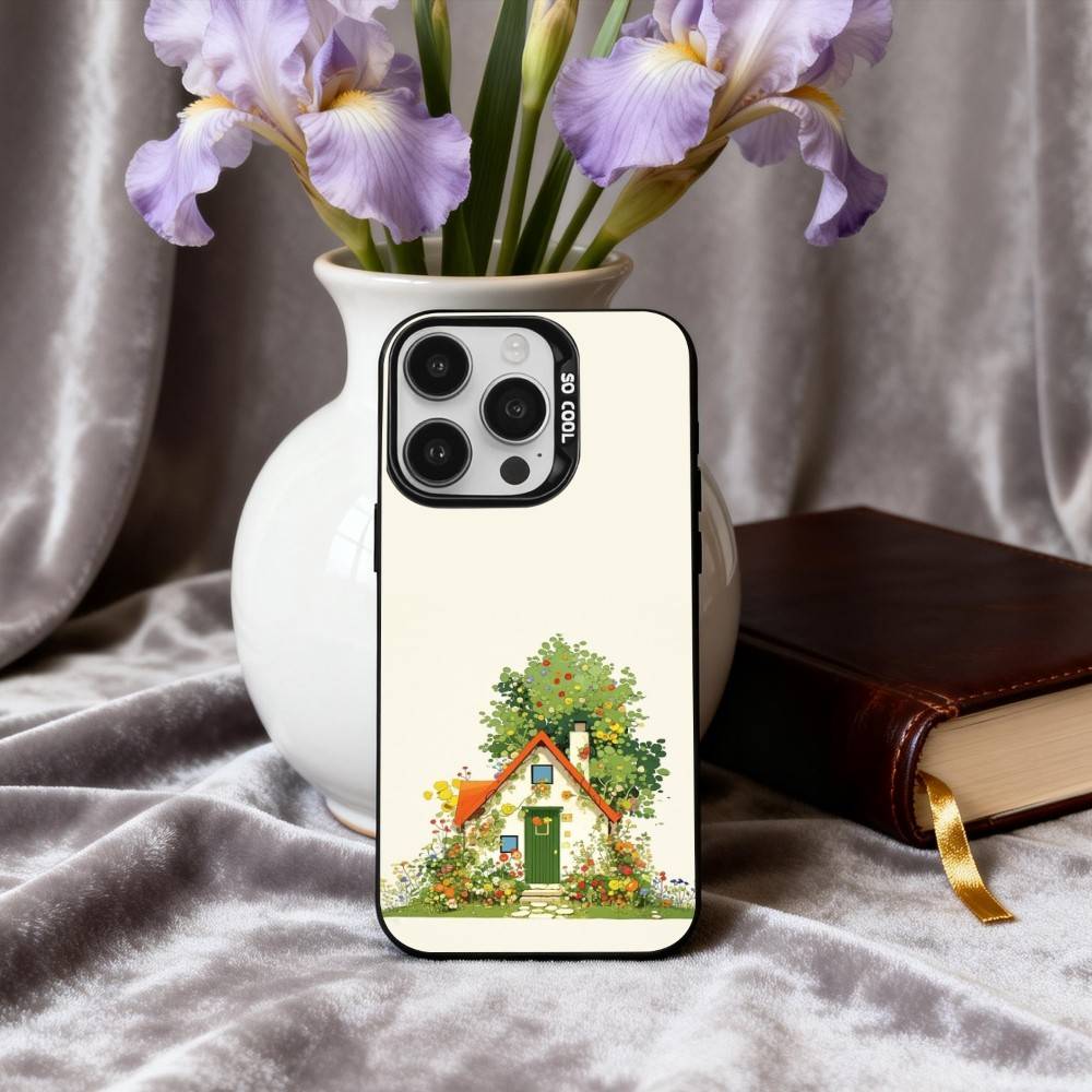 Cute Hand-painted Small House cartoon Phone Case For iPhone17,16,15,14,13,12,11 Plus,Pro Max Black Candy silver phone case