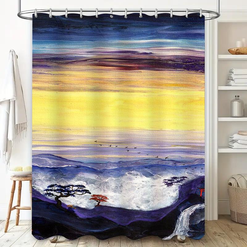Multicolored Watercolor Landscape Shower Curtain For Bathroom Decor Modern Style With Red Tree And Mountain Design (This Title M