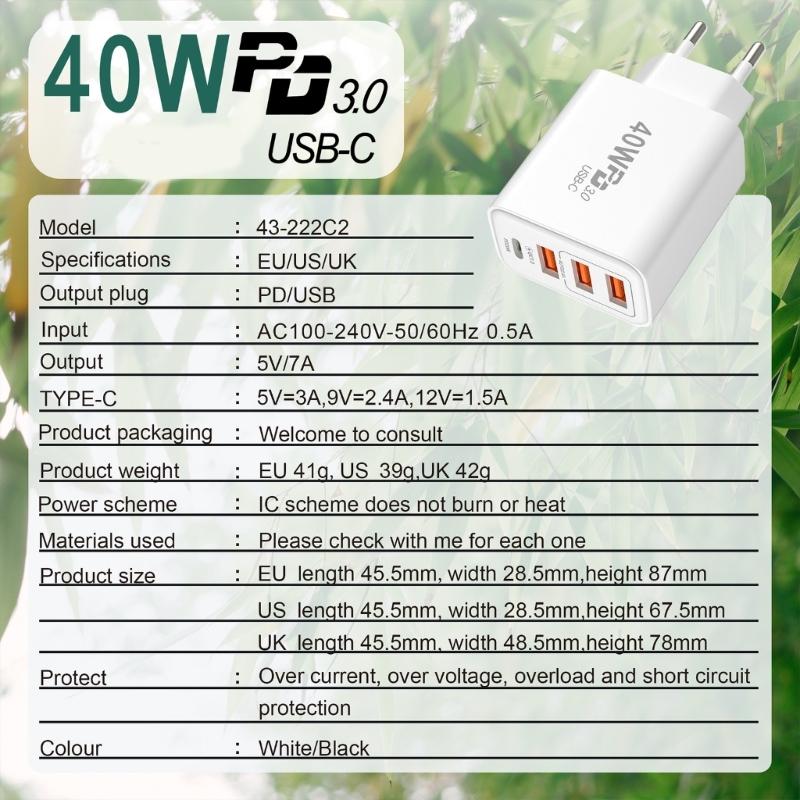 4 Συσκευές Γρήγορη 3 Θύρες USB A 1 Θύρα USB C Έξοδος 40W για Τηλέφωνα Tablets Laptops