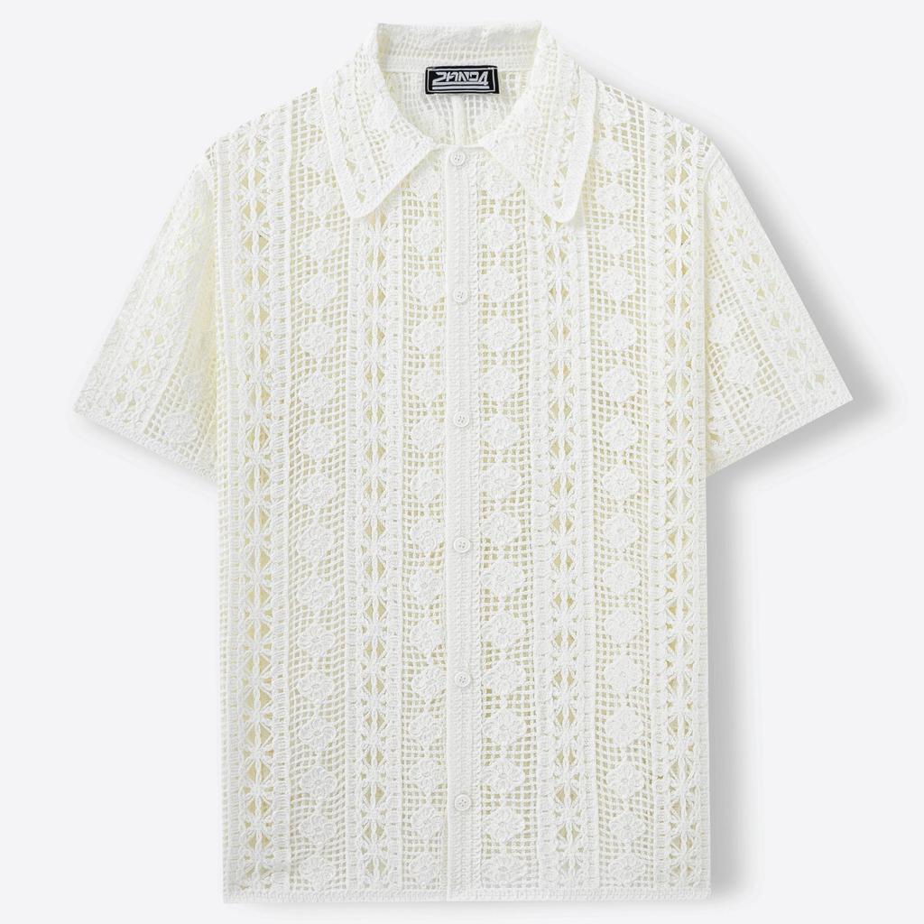 Knitted Crochet Short Sleeve Shirts for Men Casual Button Down Hollow Out Collared Shirt Tops Men's Summer Vacation Vintage Knit Golf Beach Shirts Top