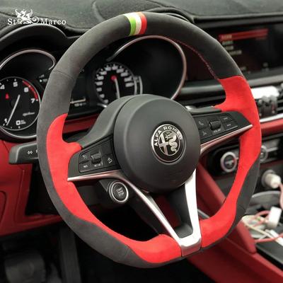 YAQG2 Alcantara Véritable Personnalisé pour Giulia Stelvio Housse de Poignée de Volant Cousue à la Main DIY Housse d'Intérieur