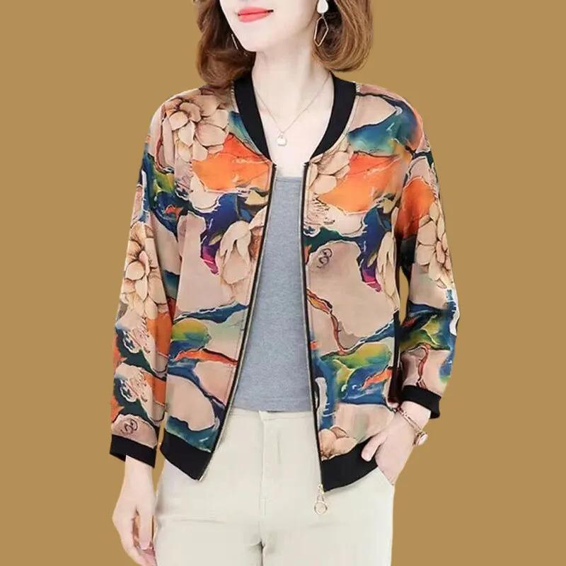 Elegant Spring/Summer Slimming Floral Baseball Jacket, Plus Size Casual Top