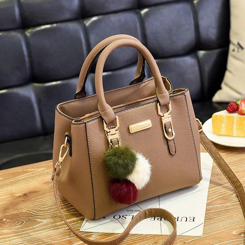Fashion PU Leather Bucket With Hairball Ornaments Women Handbag Vintage Solid Color Top Handle Shoulder Crossbody Bags