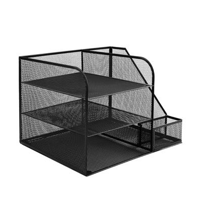 Desk Paper File Tray Organiser 3-Tiered Metal File Letter Tray With Book Rack Space Saving Document Organiser For Office