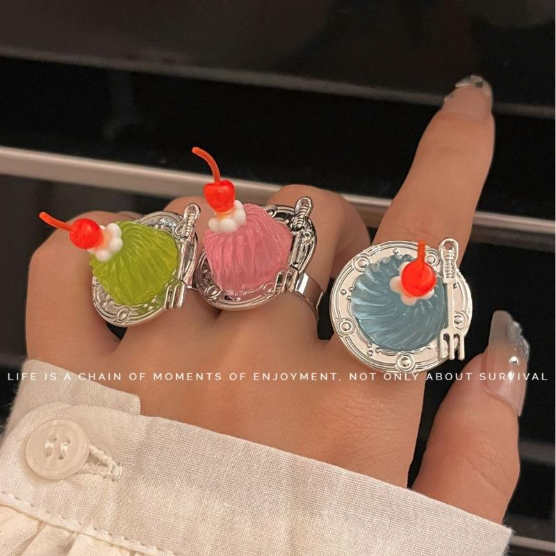 Ice cream cherry fruit ring, niche design cute ring that can be worn on the hand