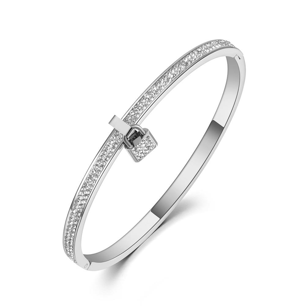 

Lokaer Trendy Clay Pave Setting Crystal Lock Charm Bracelets Bangle for Women Stainless Steel Bracelet for Birthday Gift B20024
