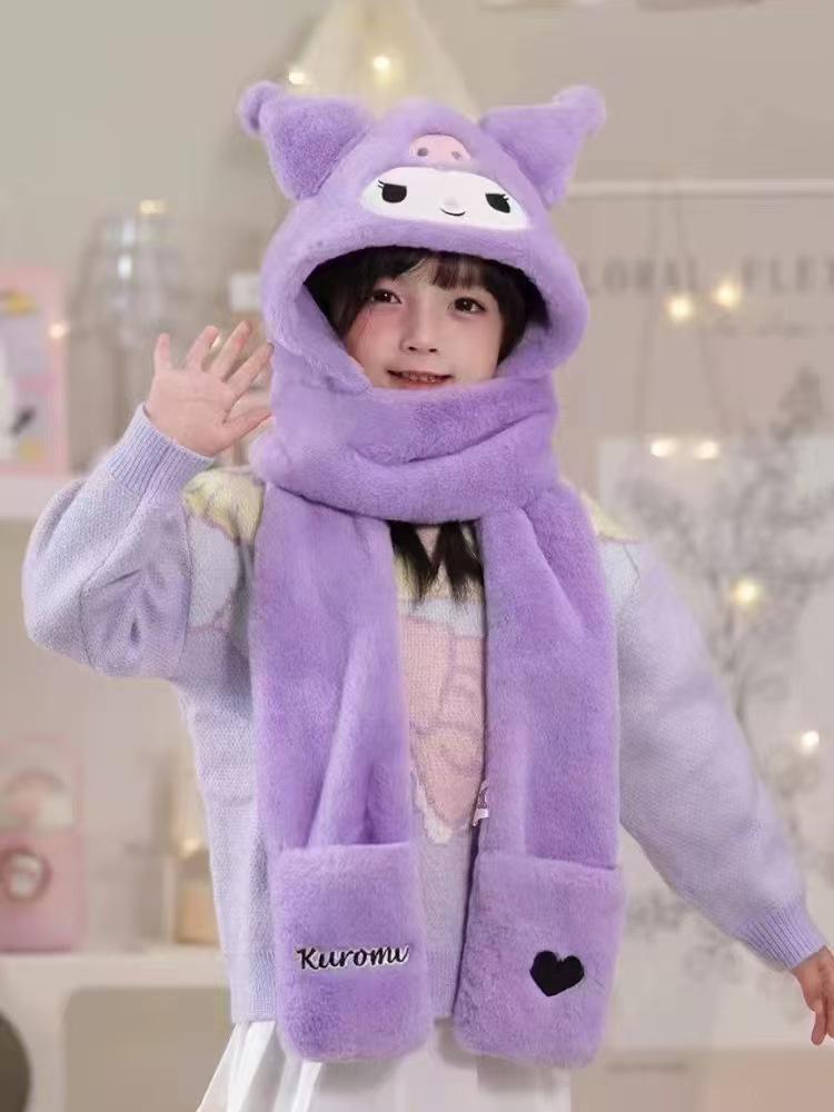 Kuromi My Melody Cinnamoroll Kids' Integrated Hat-Scarf: Cute, Warm Winter Accessory