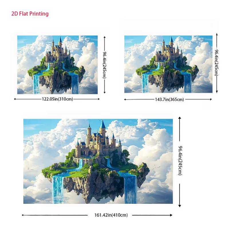 2D Enchanted Sky Tapestry, Dreamy Cloud Castle with Blue Waterfalls Background Cloth