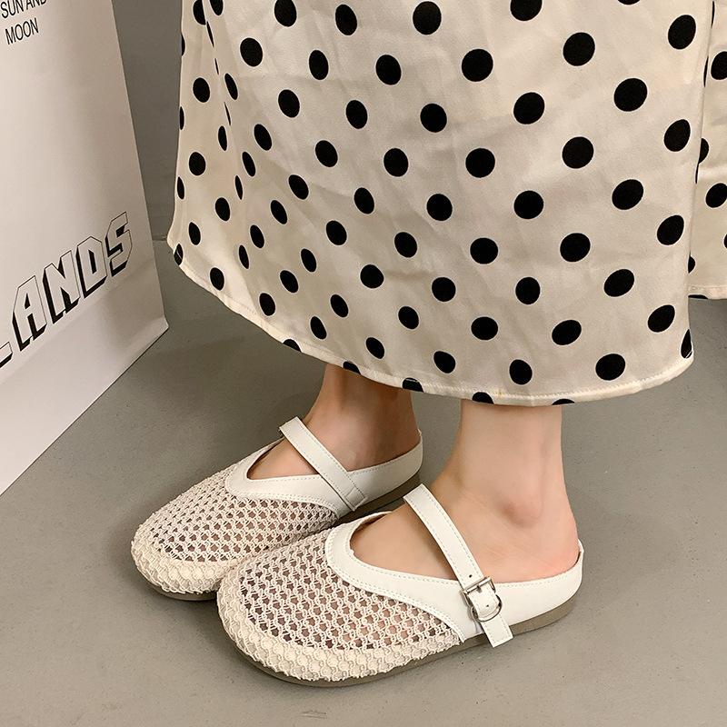 Summer Wear Mesh Bag Head Slippers Women 2025 New Breathable One-pedal French Thick-soled Hollow Soft-soled Slippers Women