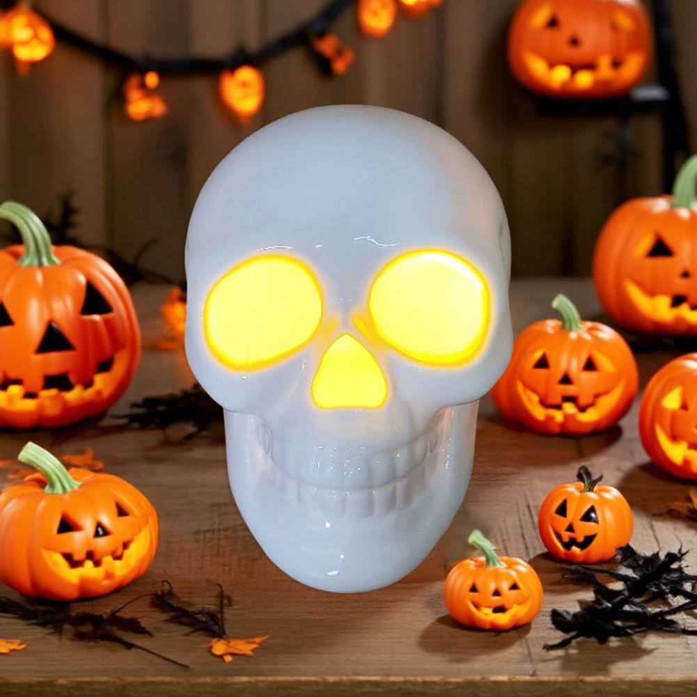 Light Up Halloween Decoration Ceramic Carved Pumpkin Skull Bat Figurine LED Tabletop Ornament for Desk Decor