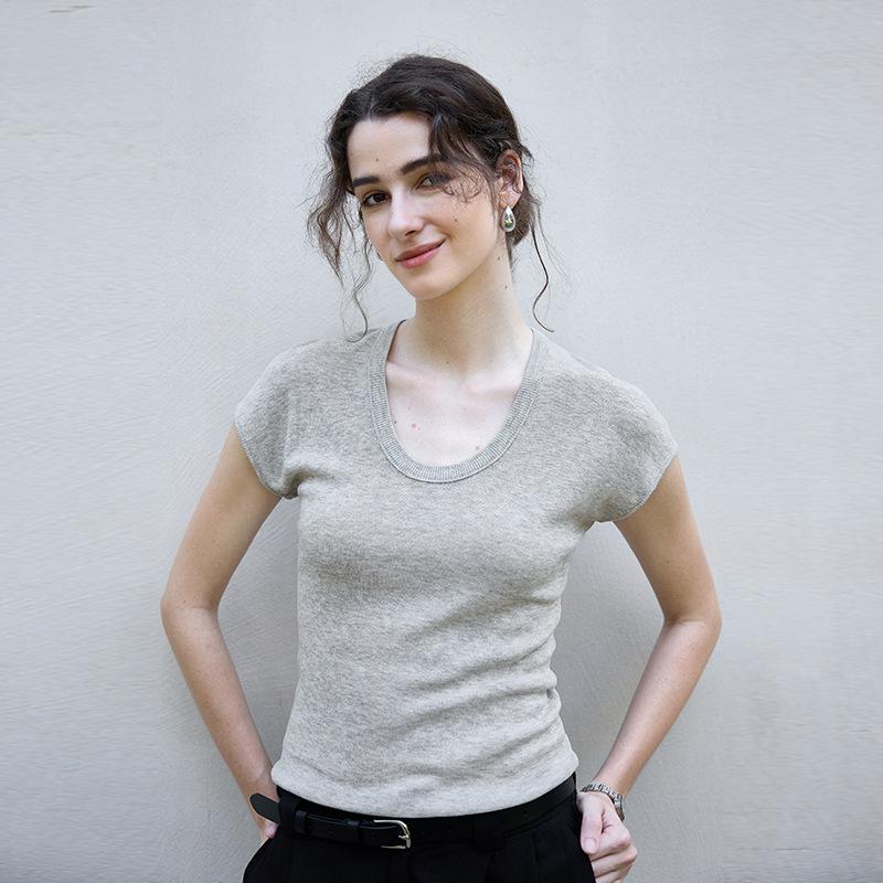 Spring and summer new round neck linen knitted slim-fitting short-sleeved women's high-end basic women's top t Lyocell T-shirt