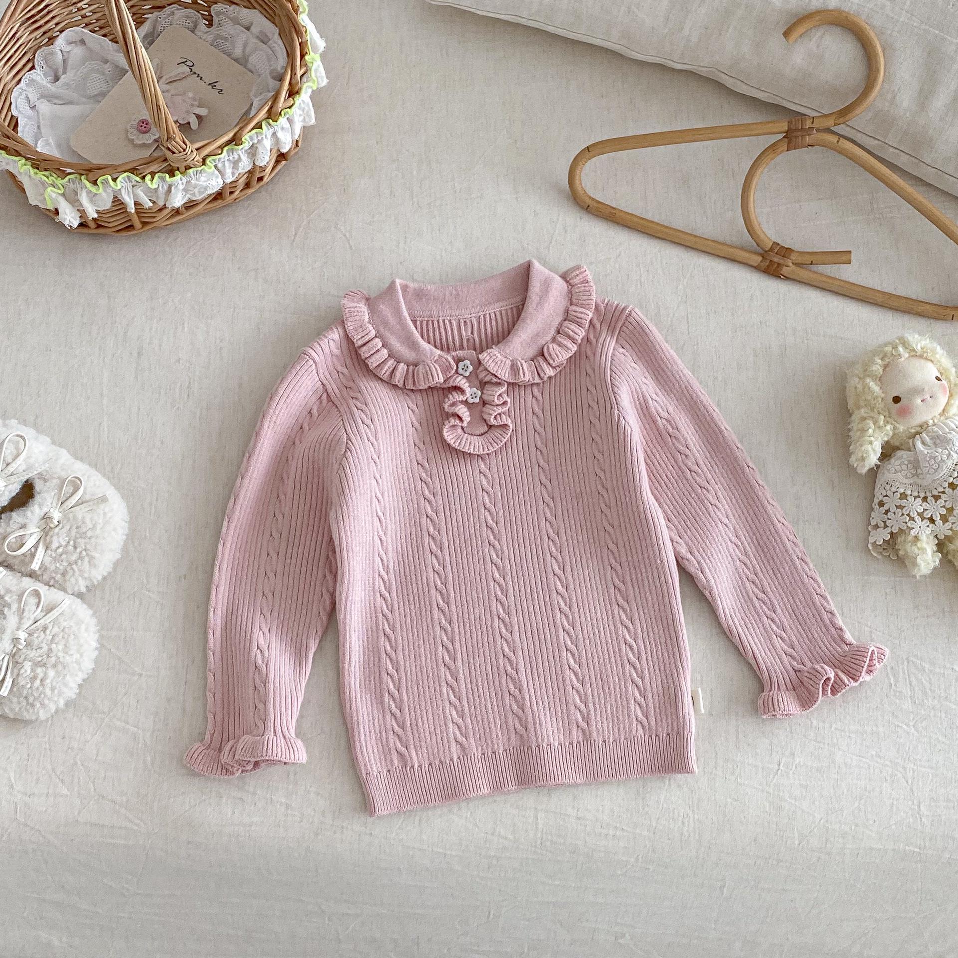 

Свитер для девочек в корейском стиле с отложным воротником - 2025 Осень/Зима Однотонный вязаный топ с детским плотным дизайном 120