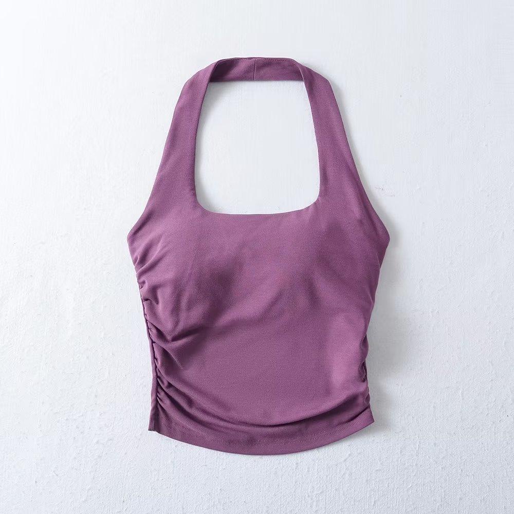 YPFF Stylish Women's Padded Halter Tank Top - Backless, Ruched, Waist-Slimming Crop Top