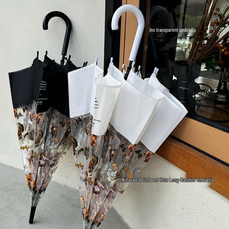 Umbrelă Transparentă Drăguță cu Pisici - Elegantă Semi-Automată cu Mâner Lung pentru Femei