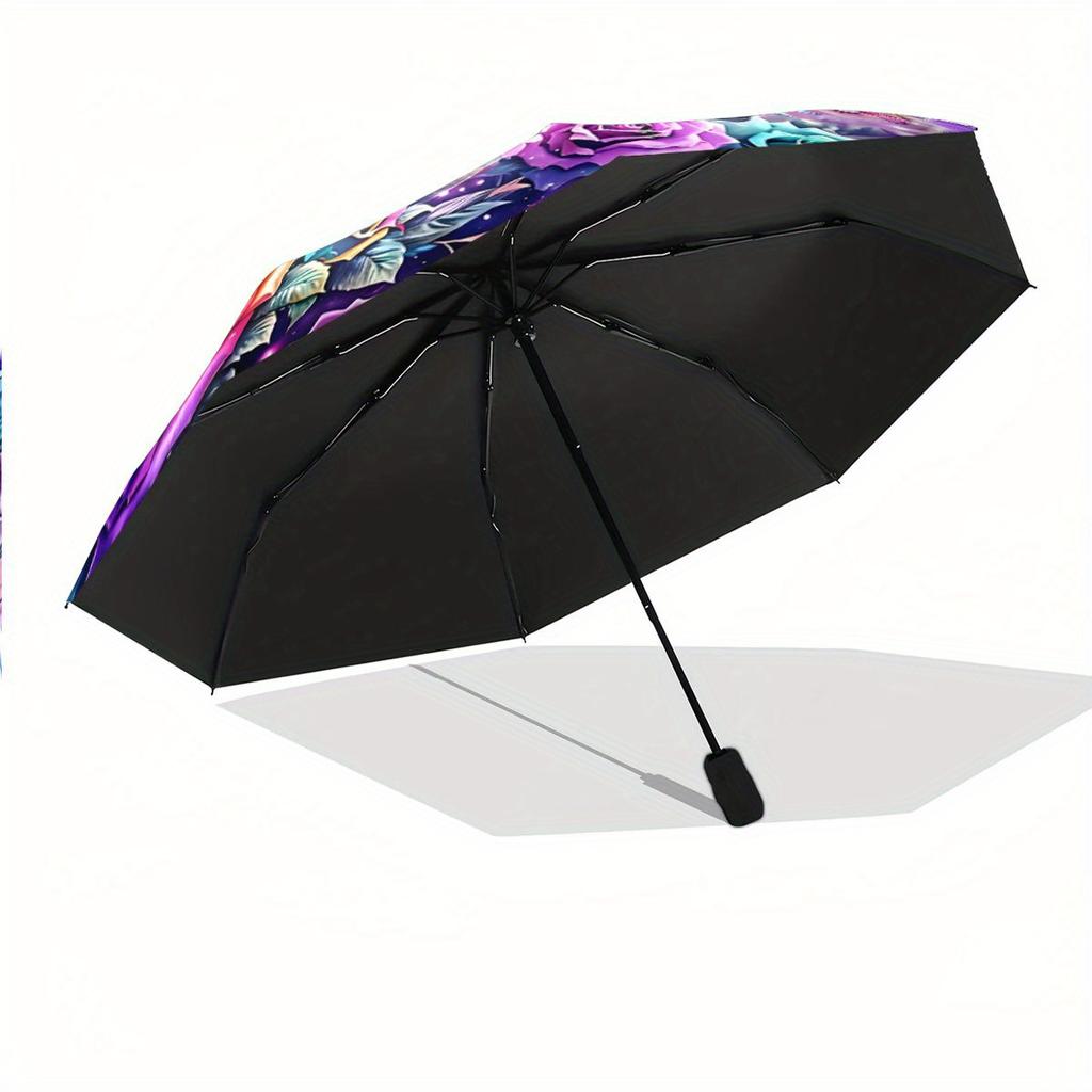 Automatic Open/Close Umbrella with Wolf & Roses Design - Compact Travel Umbrella, Windproof 8-Rib Shaft, One-Touch Button, Por
