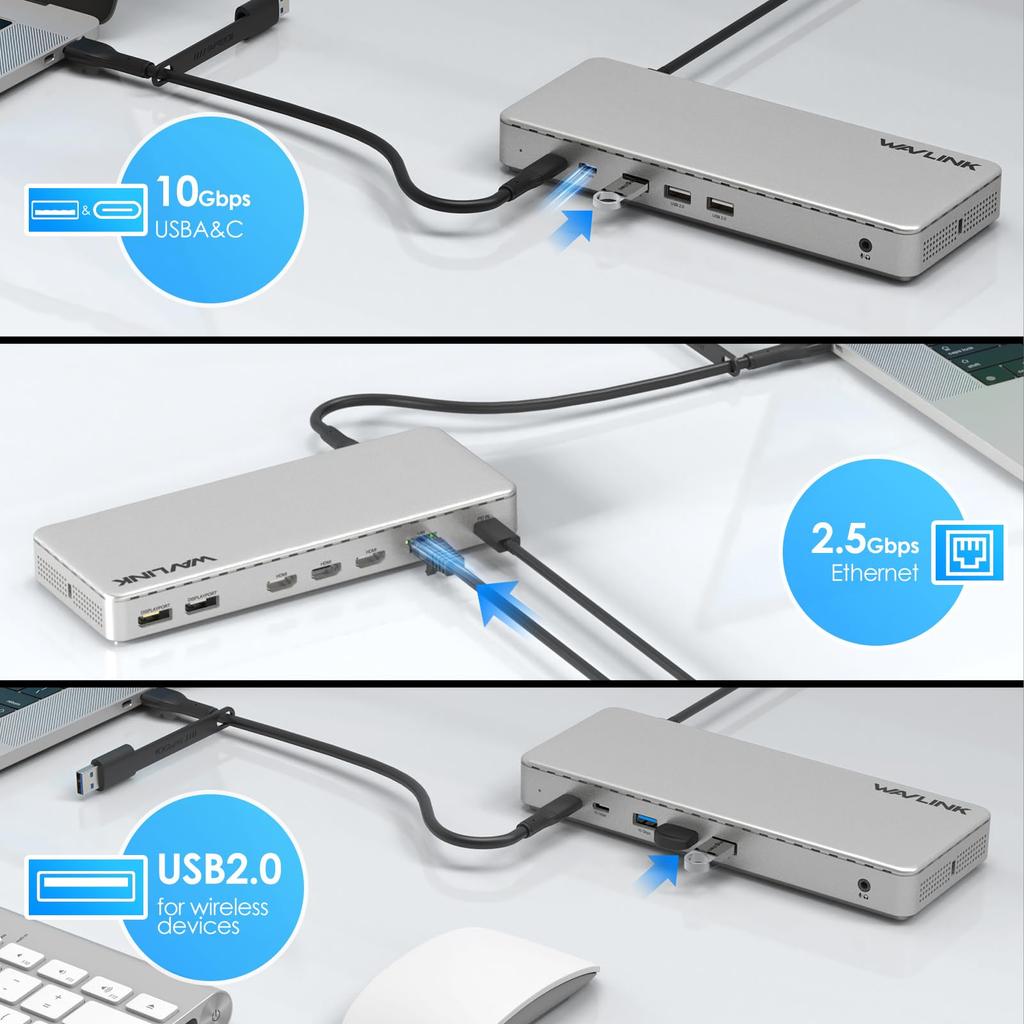 WAVLINK Triple Universal Docking Station Conversion Up to 100W Power Supply 3 HDMI 2 DP Thunderbolt Support Compatible with MacBooks