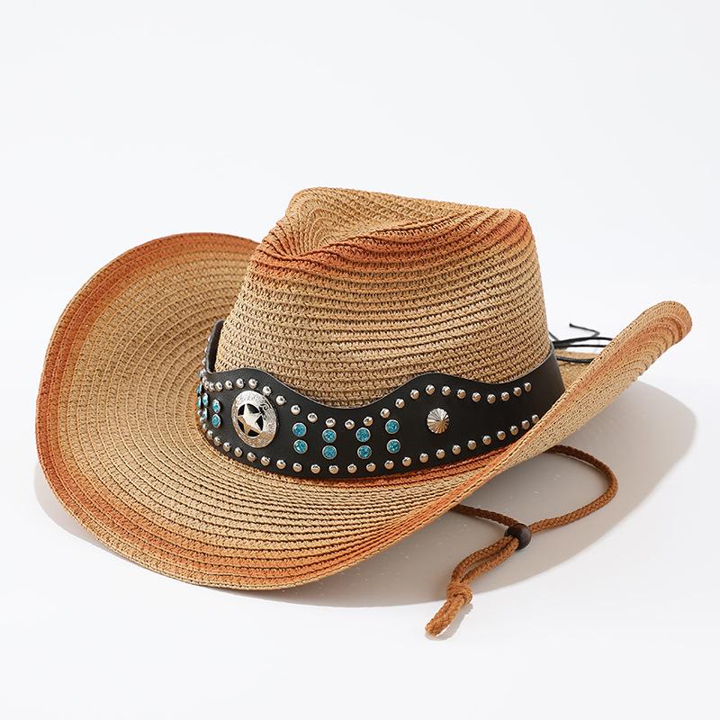 Ethnic Style Straw Woven Western Cowboy Hat, Outdoor Beach Sunshade Sunscreen Hat, Summer Travel Photo Big Edge Straw Hat