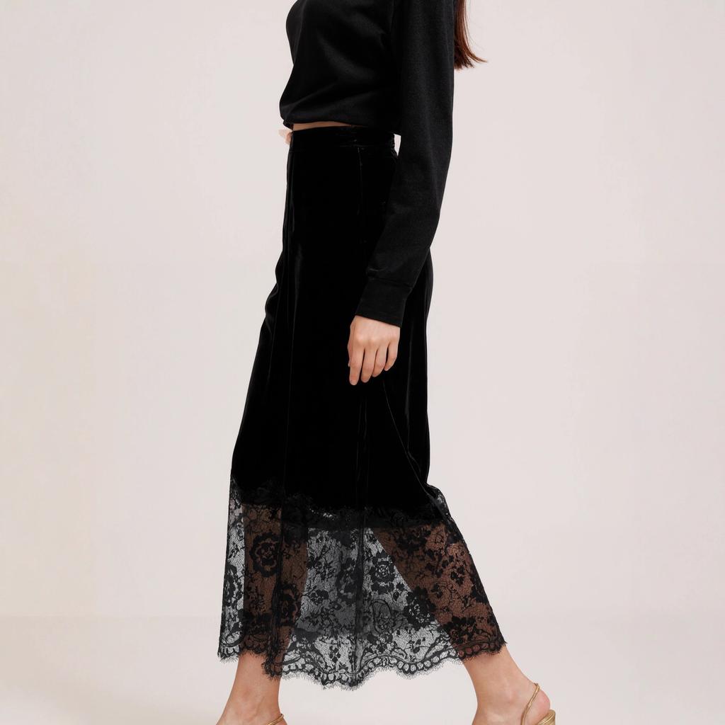 European and American elegant golden velvet splicing lace high-waisted skirt autumn and winter long hip-wrapped split one-step skirt