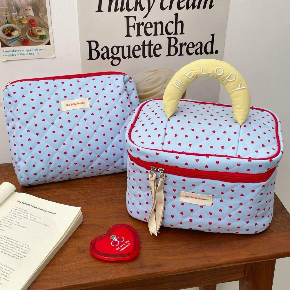 New Quilting Cotton Heart Cosmetic Bag Blue Multi-function Cosmetic Storage Bag Large Capacity Wash Bag Travel