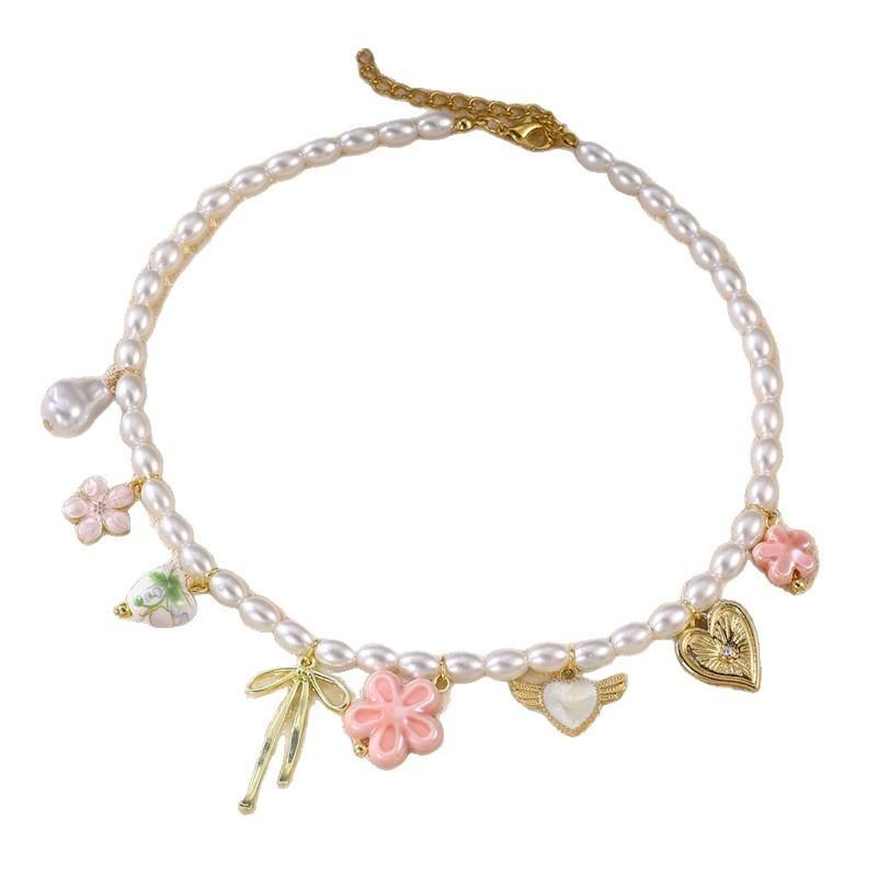 Geometric Heart Pendant Necklace And Bracelet Set For Women With Pearl And Alloy Jewelry