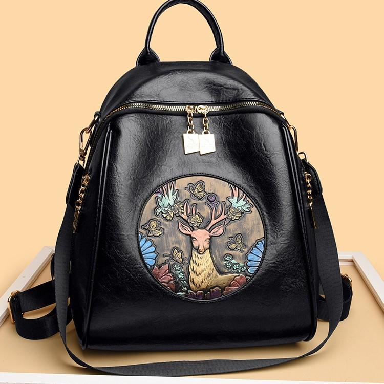 Schoolbag1011 National Style Embroidered Women's Backpack, Jixiang PU Waterproof Student Schoolbag, Support One Click