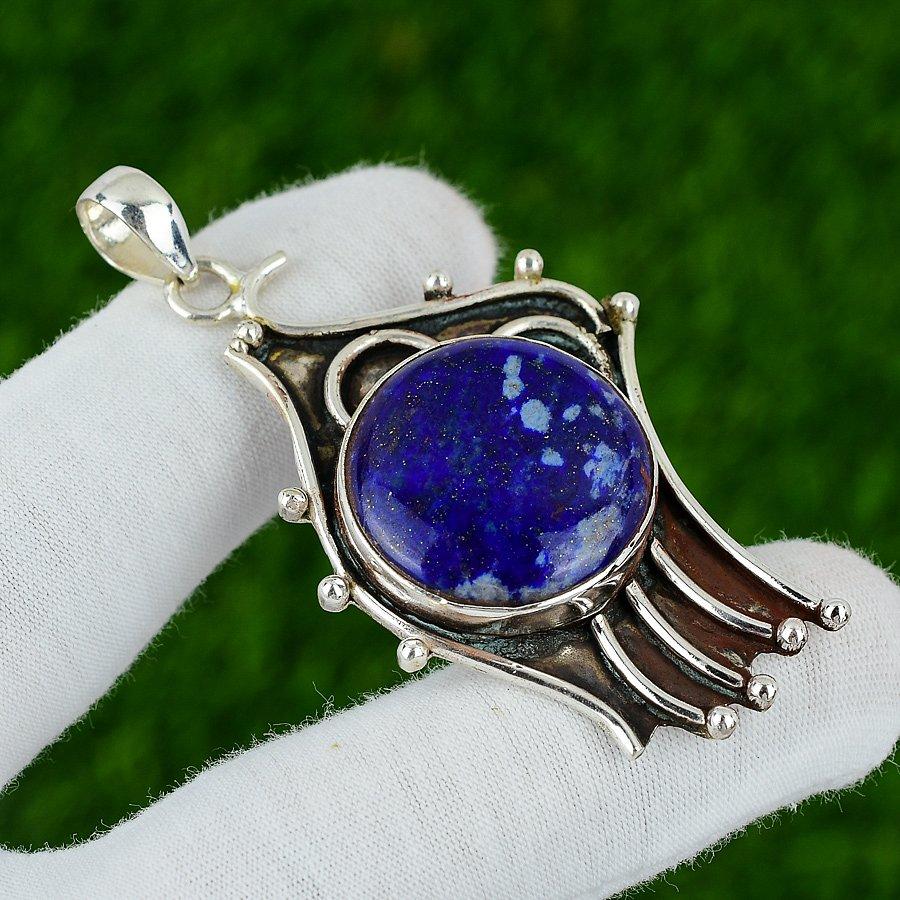 Sterling Silver Round Lapis Lazuli Stone Artisan September Birth Wedding Pendant