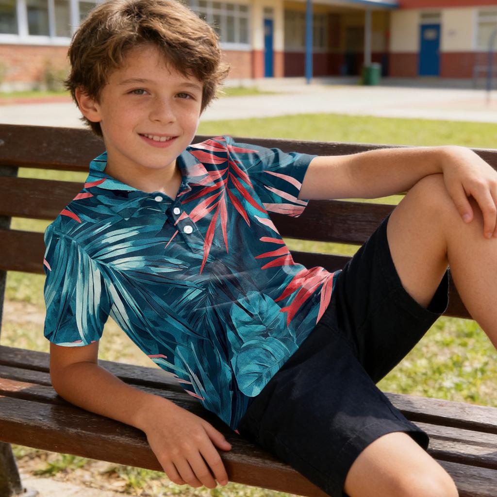 Kids Polo Shirt Quick Dry Short Sleeve Tropical Leaf Print Button Down Collar Lightweight Breathable Summer Tee for Boys Girls