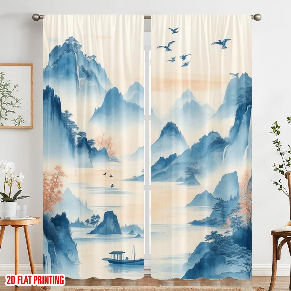 2pcs,2D Plane Printing Light Filtering Curtains Tranquil Landscape 100% Polyester (without Rod) All Seasons for Bedroom &