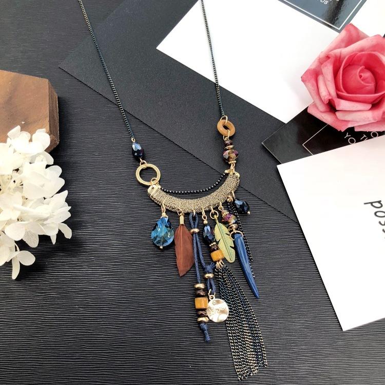 Eastern European style handmade retro fringed long necklace light luxury simple sweater chain crystal pendant versatile accessories