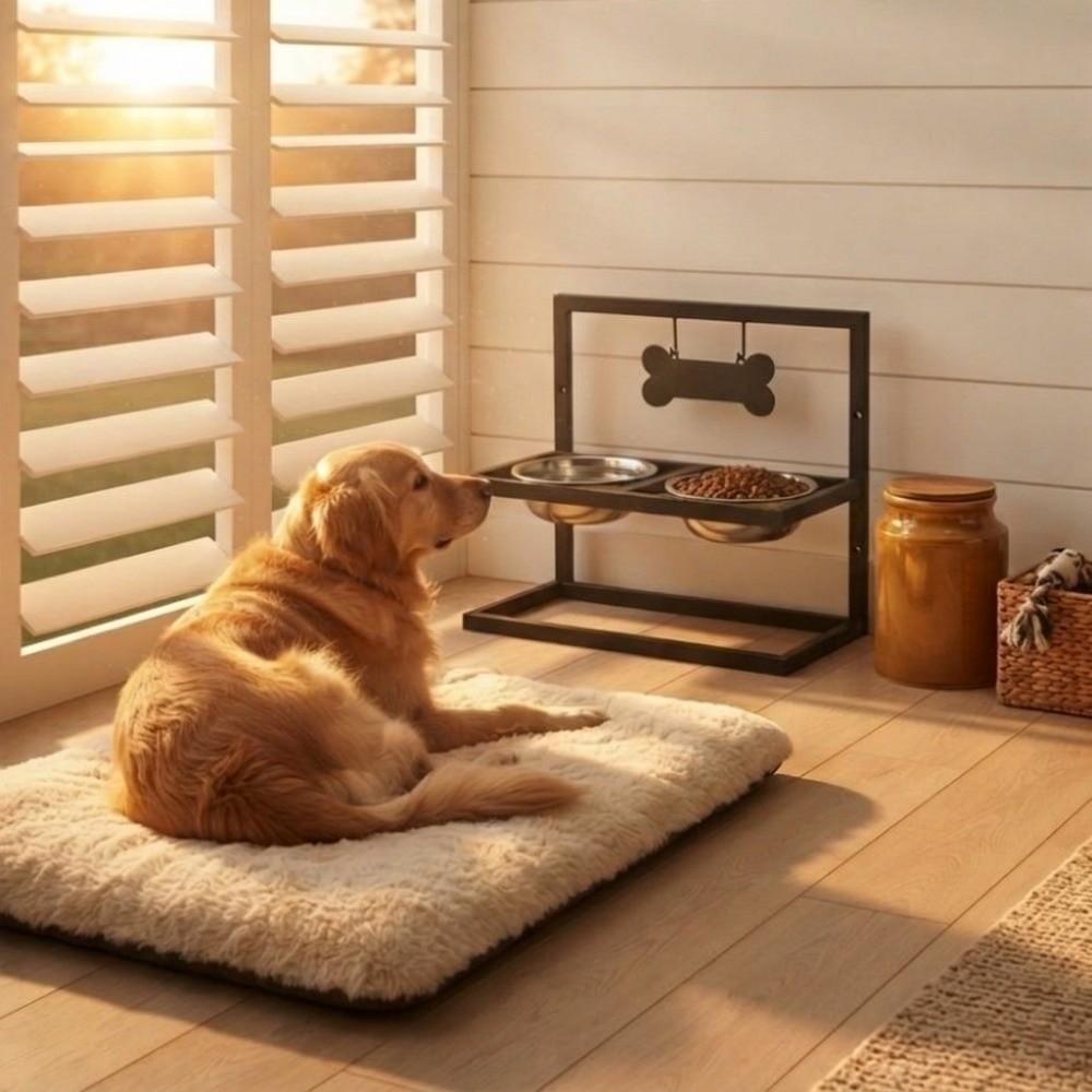 Iron Frame Elevated Dog Bowl Double Bowls Cat Bowl Stand Pet Feeder Raised Cat Bowl Holder Indoor
