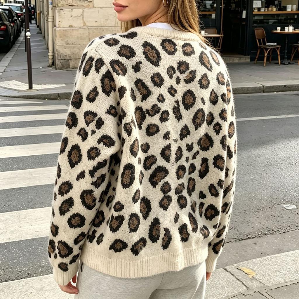 Women's Leopard Print V-Neck Knit Cardigan Soft Sweater